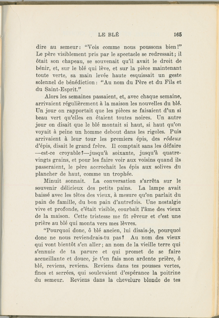 Reproduction de la cent soixante-cinqui&egrave;me page du manuel Recueil de morceaux choisis par Ren&eacute; Lamoureux comprenant le texte de Lionel Groulx intitul&eacute; Le bl&eacute;, 1930.
