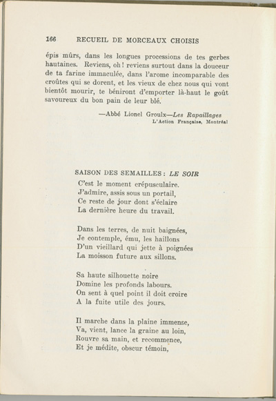 Reproduction de la cent soixante-sixi&egrave;me page du manuel Recueil de morceaux choisis par Ren&eacute; Lamoureux comprenant le texte de Lionel Groulx intitul&eacute; Le bl&eacute;, 1930.