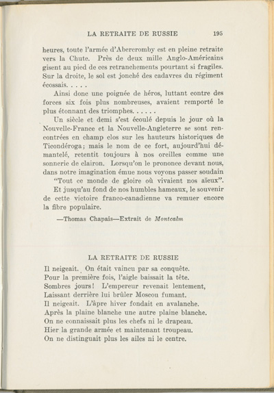 Reproduction de la cent quatre-vingt-quinzi&egrave;me page du manuel Recueil de morceaux choisis par Ren&eacute; Lamoureux comprenant le po&egrave;me de Victor Hugo intitul&eacute; La retraite de Russie, 1930.