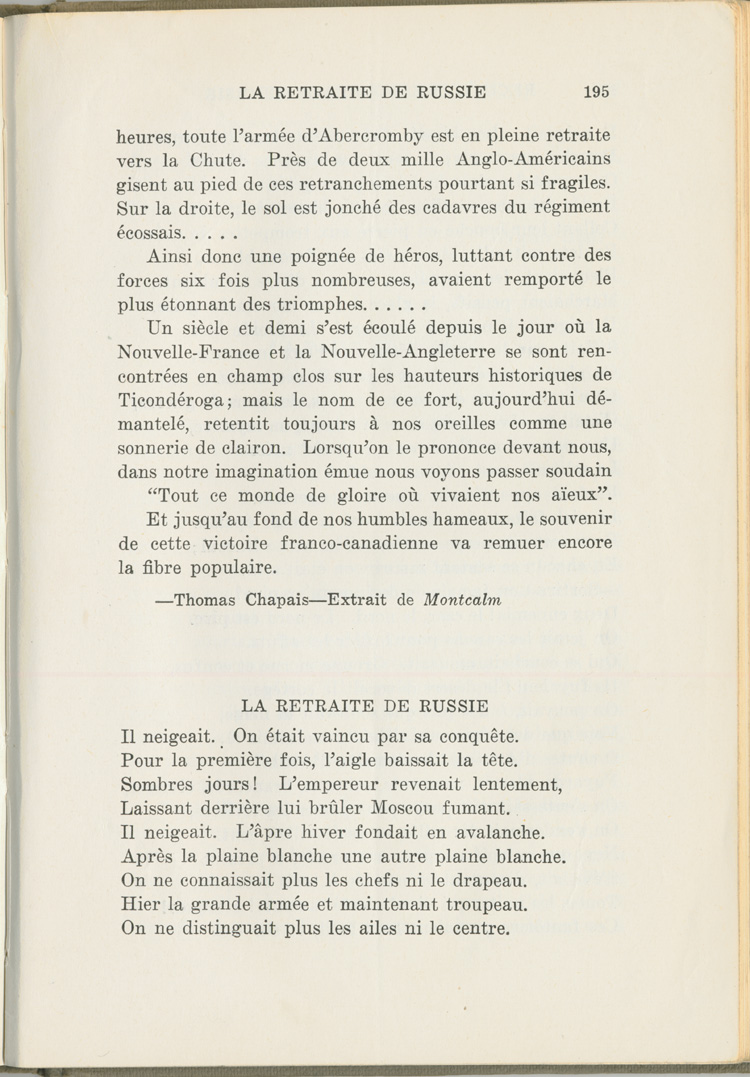 Reproduction de la cent quatre-vingt-quinzi&egrave;me page du manuel Recueil de morceaux choisis par Ren&eacute; Lamoureux comprenant le po&egrave;me de Victor Hugo intitul&eacute; La retraite de Russie, 1930.