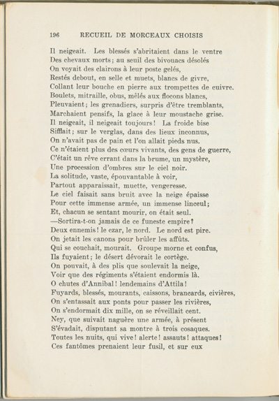 Reproduction de la cent quatre-vingt-seizi&egrave;me page du manuel Recueil de morceaux choisis par Ren&eacute; Lamoureux comprenant le po&egrave;me de Victor Hugo intitul&eacute; La retraite de Russie, 1930.