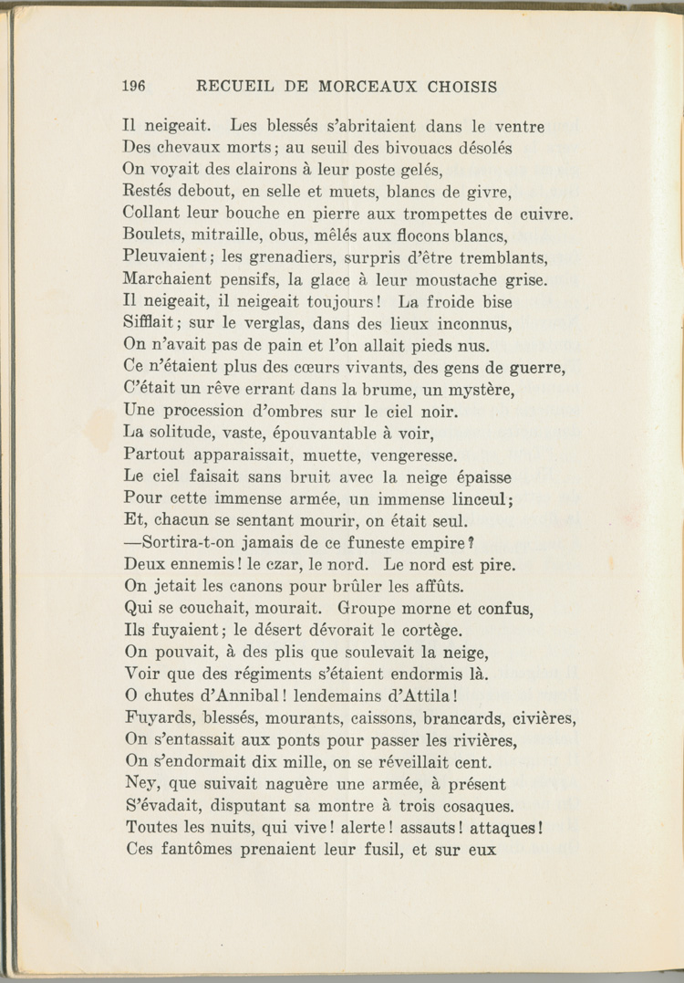 Reproduction de la cent quatre-vingt-seizi&egrave;me page du manuel Recueil de morceaux choisis par Ren&eacute; Lamoureux comprenant le po&egrave;me de Victor Hugo intitul&eacute; La retraite de Russie, 1930.