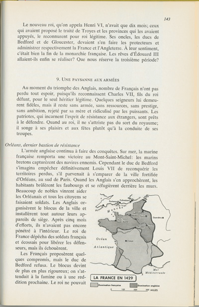 Reproduction de la cent quarante-troisi&egrave;me page du manuel Notre h&eacute;ritage europ&eacute;en par le Fr&egrave;re L&eacute;on, d&eacute;crivant Jeanne d’Arc, 1963.