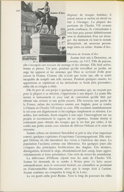 Reproduction de la cent quarante-quatri&egrave;me page du manuel Notre h&eacute;ritage europ&eacute;en par le Fr&egrave;re L&eacute;on, d&eacute;crivant Jeanne d’Arc, 1963.