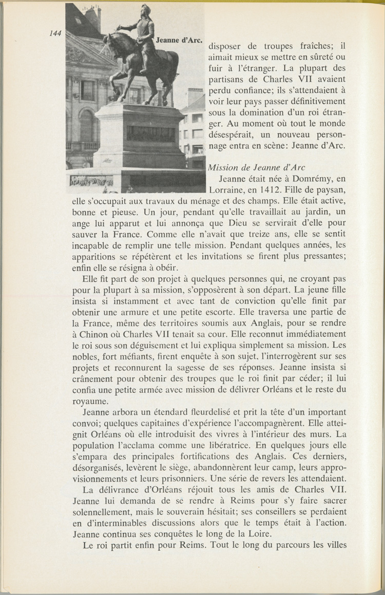 Reproduction de la cent quarante-quatri&egrave;me page du manuel Notre h&eacute;ritage europ&eacute;en par le Fr&egrave;re L&eacute;on, d&eacute;crivant Jeanne d’Arc, 1963.