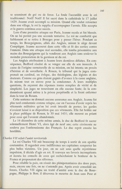 Reproduction de la cent quarante-cinqui&egrave;me page du manuel Notre h&eacute;ritage europ&eacute;en par le Fr&egrave;re L&eacute;on, d&eacute;crivant Jeanne d’Arc, 1963.