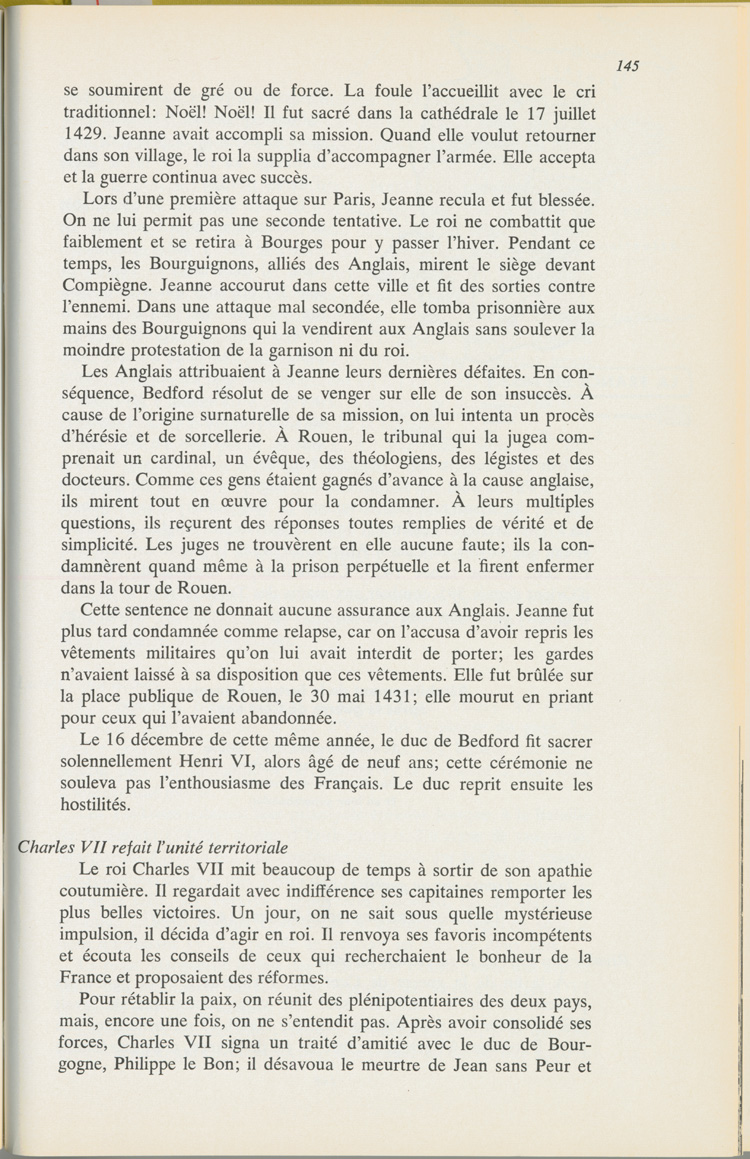 Reproduction de la cent quarante-cinqui&egrave;me page du manuel Notre h&eacute;ritage europ&eacute;en par le Fr&egrave;re L&eacute;on, d&eacute;crivant Jeanne d’Arc, 1963.