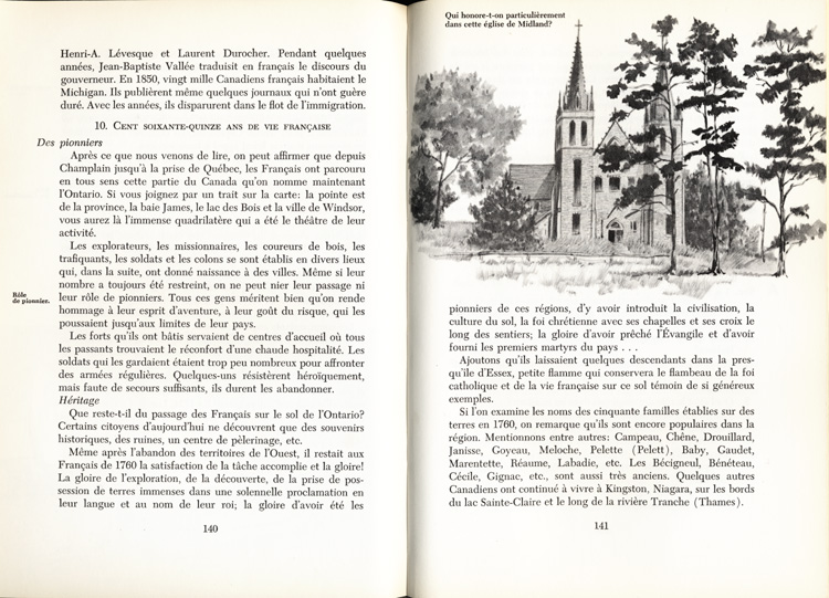 Reproduction de la cent quaranti&egrave;me et de la cent quarante et uni&egrave;me page du manuel Les Deux Canadas par les fr&egrave;res L&eacute;on (L&eacute;on Daigneault) et Charles (G&eacute;rard-Claude Dufour), 1961.