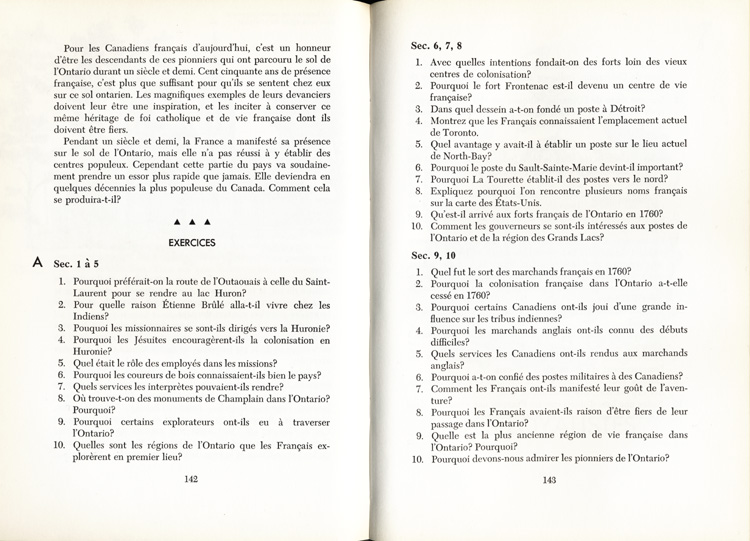 Reproduction de la cent quarante-deuxi&egrave;me et de la cent quarante-troisi&egrave;me page du manuel Les Deux Canadas par les fr&egrave;res L&eacute;on (L&eacute;on Daigneault) et Charles (G&eacute;rard-Claude Dufour), 1961.