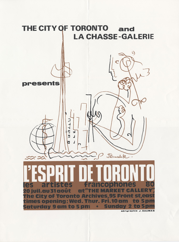 Reproduction d’une affiche du centre culturel La Chasse-Galerie et de la ville de Toronto annon&ccedil;ant une exposition intitul&eacute;e L’esprit de Toronto qui pr&eacute;sente des oeuvres d’artistes franco-ontariens, du 20 juillet au 31 ao&ucirc;t 1980, 1980. 
