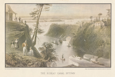 Reproduction d’une lithographie reproduite par la Waltham Press Ltd, de la Metropolitain Life Insurance Collection, repr&eacute;sentant le canal Rideau, Bytown (Ontario), ca 1850.