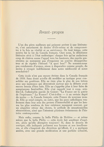 Reproduction de la onzi&egrave;me page du premier tome de Les lettres canadiennes d’autrefois par S&eacute;raphin Marion comprenant l’avant-propos du livre, 1939.