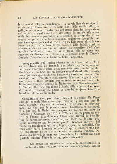 Reproduction de la douzi&egrave;me page du premier tome de Les lettres canadiennes d’autrefois par S&eacute;raphin Marion comprenant l’avant-propos du livre, 1939.
