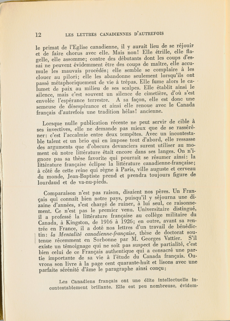 Reproduction de la douzi&egrave;me page du premier tome de Les lettres canadiennes d’autrefois par S&eacute;raphin Marion comprenant l’avant-propos du livre, 1939.