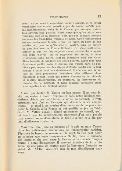 Reproduction de la treizi&egrave;me page du premier tome de Les lettres canadiennes d’autrefois par S&eacute;raphin Marion comprenant l’avant-propos du livre, 1939.