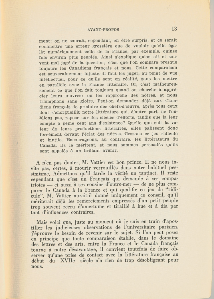 Reproduction de la treizi&egrave;me page du premier tome de Les lettres canadiennes d’autrefois par S&eacute;raphin Marion comprenant l’avant-propos du livre, 1939.