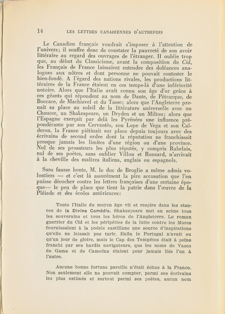 Reproduction de la quatorzi&egrave;me page du premier tome de Les lettres canadiennes d’autrefois par S&eacute;raphin Marion comprenant l’avant-propos du livre, 1939.