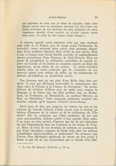 Reproduction de la quinzi&egrave;me page du premier tome de Les lettres canadiennes d’autrefois par S&eacute;raphin Marion comprenant l’avant-propos du livre, 1939.