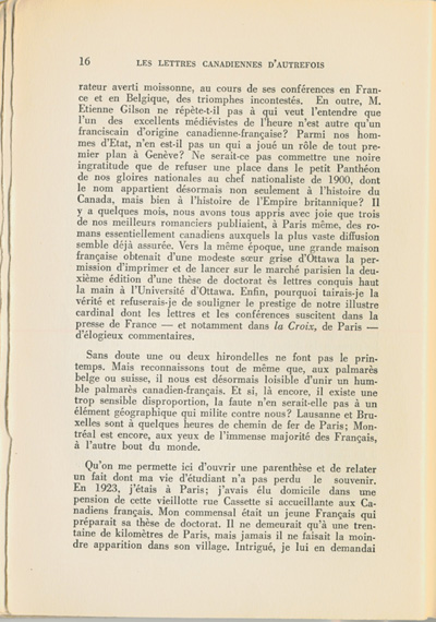 Reproduction de la seizi&egrave;me page du premier tome de Les lettres canadiennes d’autrefois par S&eacute;raphin Marion comprenant l’avant-propos du livre, 1939.