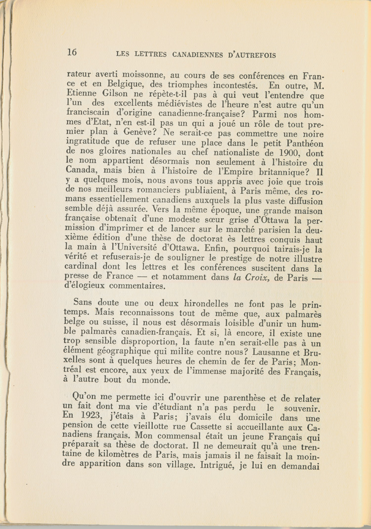 Reproduction de la seizi&egrave;me page du premier tome de Les lettres canadiennes d’autrefois par S&eacute;raphin Marion comprenant l’avant-propos du livre, 1939.