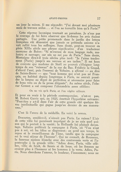 Reproduction de la dix-septi&egrave;me page du premier tome de Les lettres canadiennes d’autrefois par S&eacute;raphin Marion comprenant l’avant-propos du livre, 1939.