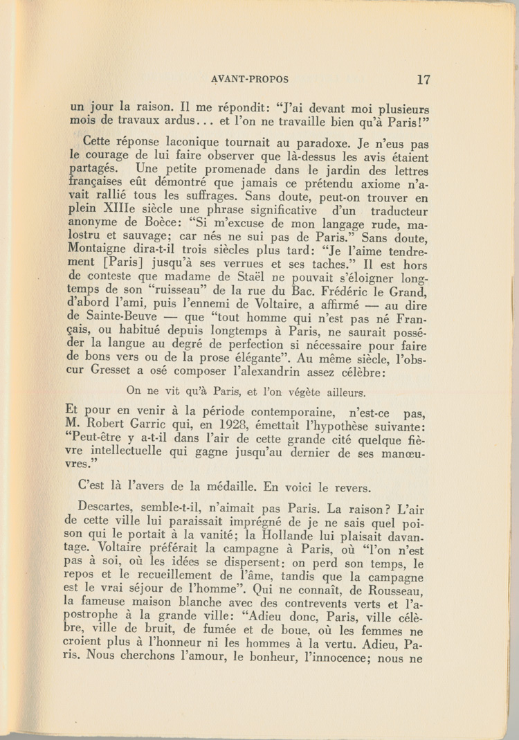 Reproduction de la dix-septi&egrave;me page du premier tome de Les lettres canadiennes d’autrefois par S&eacute;raphin Marion comprenant l’avant-propos du livre, 1939.