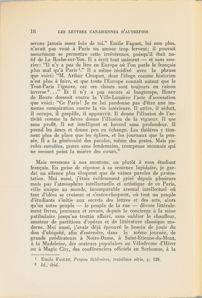Reproduction de la dix-huiti&egrave;me page du premier tome de Les lettres canadiennes d’autrefois par S&eacute;raphin Marion comprenant l’avant-propos du livre, 1939.