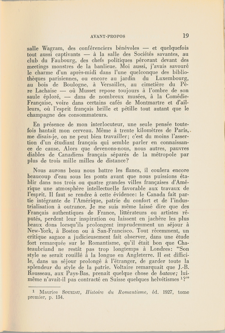 Reproduction de la dix-neuvi&egrave;me page du premier tome de Les lettres canadiennes d’autrefois par S&eacute;raphin Marion comprenant l’avant-propos du livre, 1939.