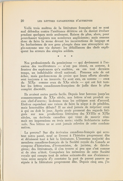 Reproduction de la vingti&egrave;me page du premier tome de Les lettres canadiennes d’autrefois par S&eacute;raphin Marion comprenant l’avant-propos du livre, 1939.