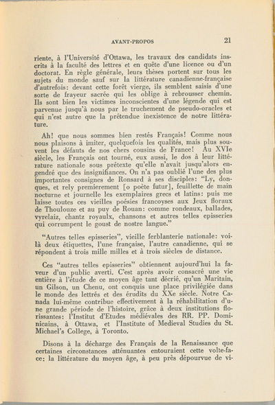 Reproduction de la vingt et uni&egrave;me page du premier tome de Les lettres canadiennes d’autrefois par S&eacute;raphin Marion comprenant l’avant-propos du livre, 1939.