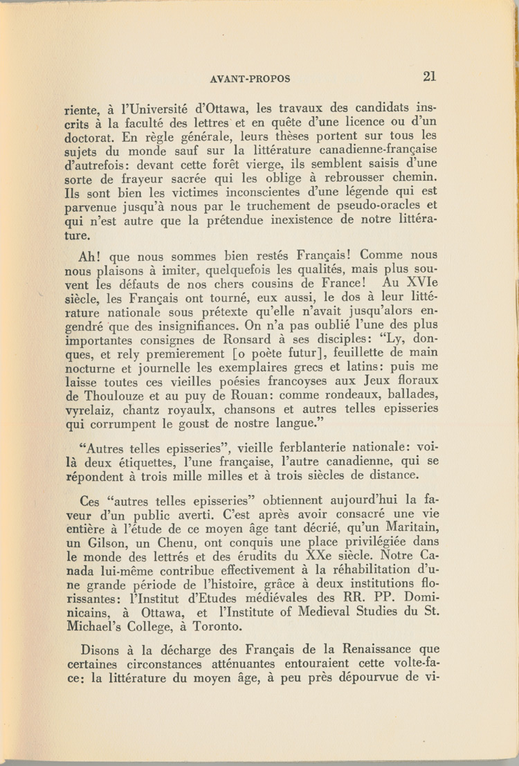 Reproduction de la vingt et uni&egrave;me page du premier tome de Les lettres canadiennes d’autrefois par S&eacute;raphin Marion comprenant l’avant-propos du livre, 1939.