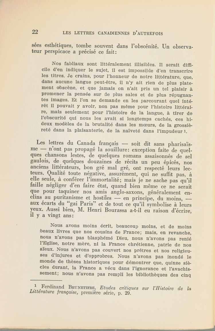 Reproduction de la vingt-deuxi&egrave;me page du premier tome de Les lettres canadiennes d’autrefois par S&eacute;raphin Marion comprenant l’avant-propos du livre, 1939.