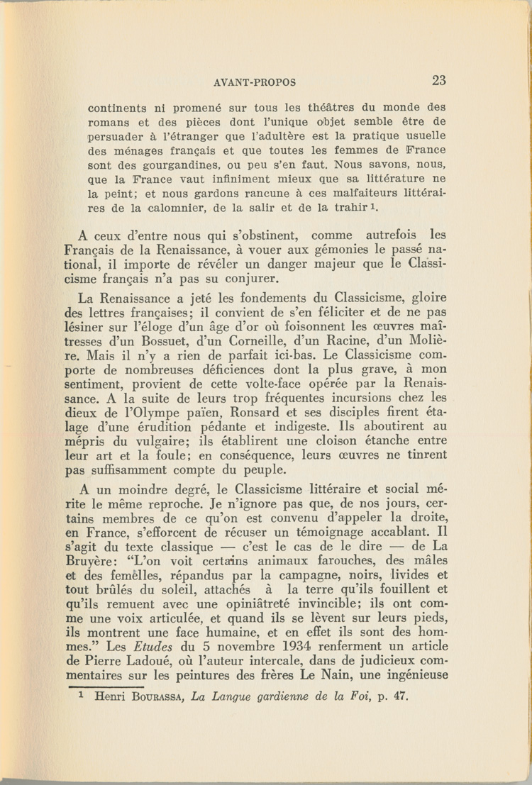Reproduction de la vingt-troisi&egrave;me page du premier tome de Les lettres canadiennes d’autrefois par S&eacute;raphin Marion comprenant l’avant-propos du livre, 1939.