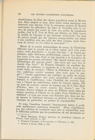 Reproduction de la vingt-quatri&egrave;me page du premier tome de Les lettres canadiennes d’autrefois par S&eacute;raphin Marion comprenant l’avant-propos du livre, 1939.