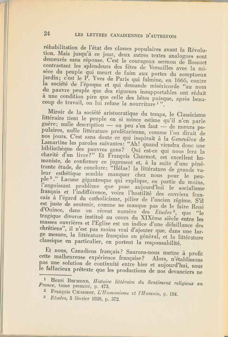 Reproduction de la vingt-quatri&egrave;me page du premier tome de Les lettres canadiennes d’autrefois par S&eacute;raphin Marion comprenant l’avant-propos du livre, 1939.
