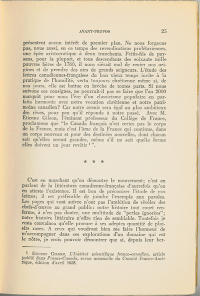 Reproduction de la vingt-cinqui&egrave;me page du premier tome de Les lettres canadiennes d’autrefois par S&eacute;raphin Marion comprenant l’avant-propos du livre, 1939.