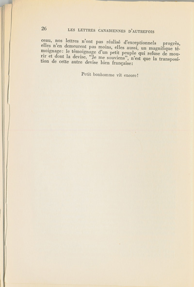 Reproduction de la vingt-sixi&egrave;me page du premier tome de Les lettres canadiennes d’autrefois par S&eacute;raphin Marion comprenant l’avant-propos du livre, 1939.