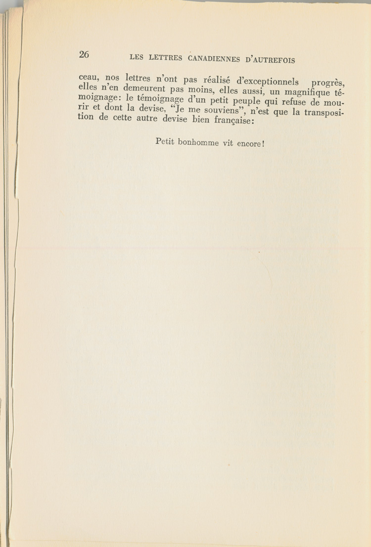 Reproduction de la vingt-sixi&egrave;me page du premier tome de Les lettres canadiennes d’autrefois par S&eacute;raphin Marion comprenant l’avant-propos du livre, 1939.