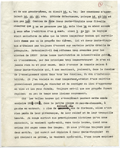 Reproduction de la deuxi&egrave;me page du t&eacute;moignage de S&eacute;raphin Marion intitul&eacute; De l’&eacute;cole Garneau &agrave; l’Universit&eacute; d’Ottawa au d&eacute;but du si&egrave;cle qui d&eacute;crit l’enseignement donn&eacute; par les Soeurs grises de la croix (Soeurs de la charit&eacute; d’Ottawa) &agrave; l’&eacute;cole Garneau d’Ottawa (Ontario), 1977.