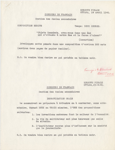 Reproduction du texte de l’&eacute;preuve finale du concours provincial de fran&ccedil;ais, section des &eacute;coles secondaires, Ottawa (Ontario), 24 et 25 avril 1946.