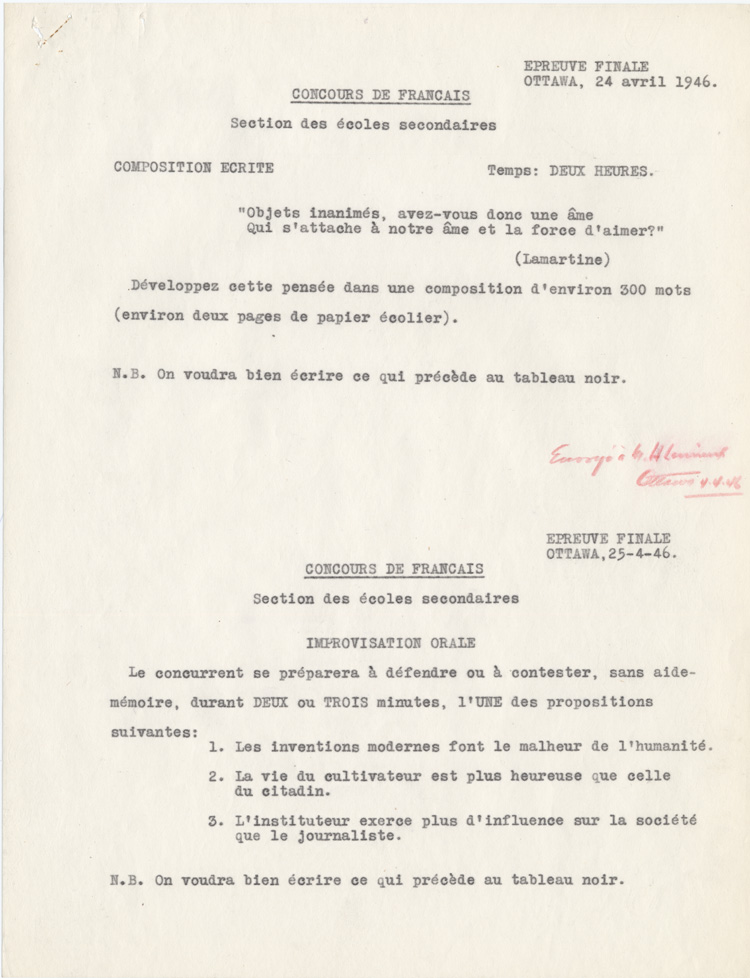 Reproduction du texte de l’&eacute;preuve finale du concours provincial de fran&ccedil;ais, section des &eacute;coles secondaires, Ottawa (Ontario), 24 et 25 avril 1946.