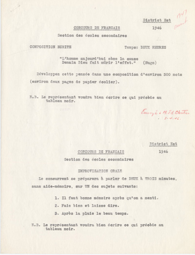 Reproduction du texte de l’&eacute;preuve du concours provincial de fran&ccedil;ais, section des &eacute;coles secondaires, district Est (Ontario), 1946.