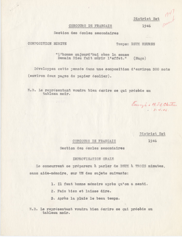 Reproduction du texte de l’&eacute;preuve du concours provincial de fran&ccedil;ais, section des &eacute;coles secondaires, district Est (Ontario), 1946.
