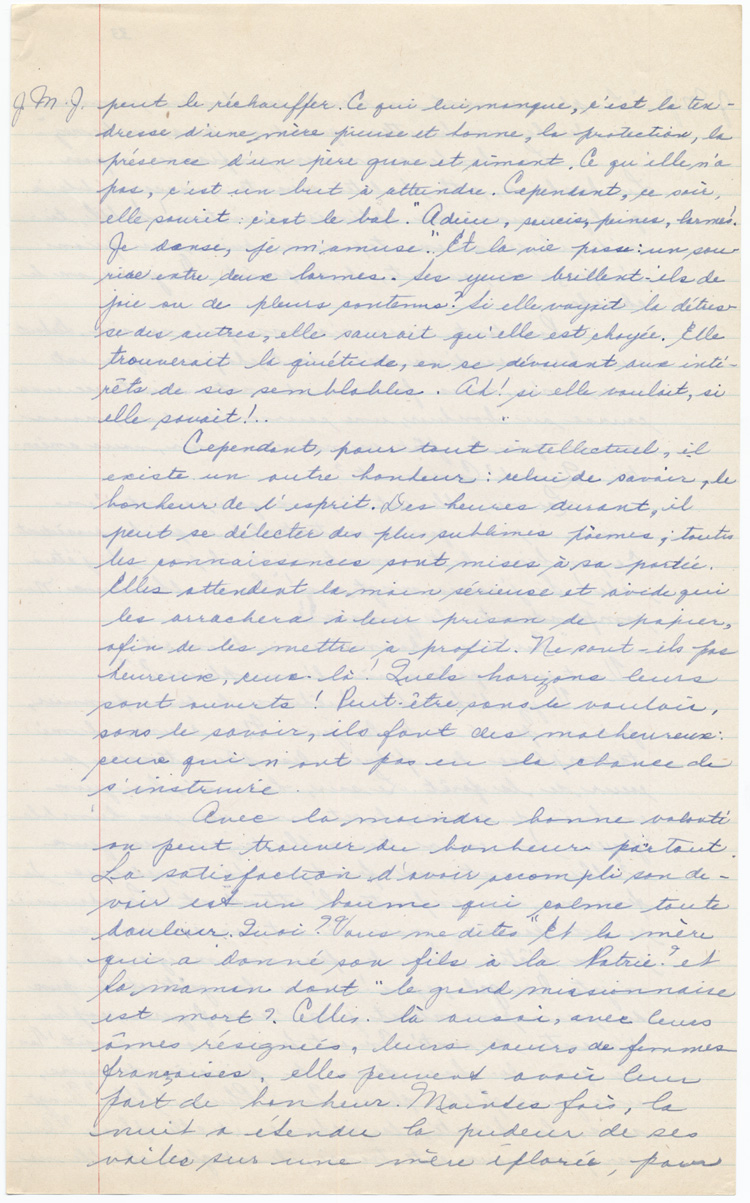 Reproduction de la deuxi&egrave;me page d’une composition au concours provincial de fran&ccedil;ais en Ontario, section secondaire, district d’Ottawa (Ontario), 1946.