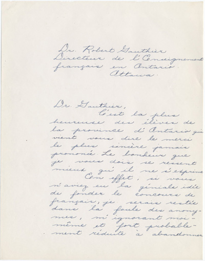 Reproduction de la premi&egrave;re page d’une lettre de Marguerite Patry, laur&eacute;ate du concours provincial de fran&ccedil;ais de l’Ontario en 1949, &agrave; Robert Gauthier, directeur de l’enseignement fran&ccedil;ais, minist&egrave;re de l’&Eacute;ducation de l’Ontario, 29 avril 1949.