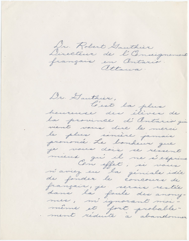 Reproduction de la premi&egrave;re page d’une lettre de Marguerite Patry, laur&eacute;ate du concours provincial de fran&ccedil;ais de l’Ontario en 1949, &agrave; Robert Gauthier, directeur de l’enseignement fran&ccedil;ais, minist&egrave;re de l’&Eacute;ducation de l’Ontario, 29 avril 1949.