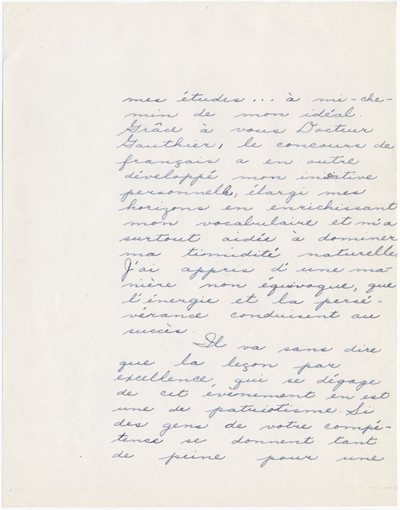 Reproduction de la deuxi&egrave;me page d’une lettre de Marguerite Patry, laur&eacute;ate du concours provincial de fran&ccedil;ais de l’Ontario en 1949, &agrave; Robert Gauthier, directeur de l’enseignement fran&ccedil;ais, minist&egrave;re de l’&Eacute;ducation de l’Ontario, 29 avril 1949.