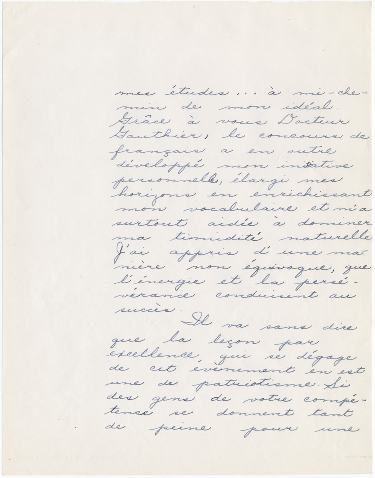 Reproduction de la deuxi&egrave;me page d’une lettre de Marguerite Patry, laur&eacute;ate du concours provincial de fran&ccedil;ais de l’Ontario en 1949, &agrave; Robert Gauthier, directeur de l’enseignement fran&ccedil;ais, minist&egrave;re de l’&Eacute;ducation de l’Ontario, 29 avril 1949.