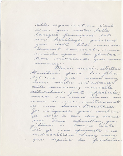 Reproduction de la troisi&egrave;me page d’une lettre de Marguerite Patry, laur&eacute;ate du concours provincial de fran&ccedil;ais de l’Ontario en 1949, &agrave; Robert Gauthier, directeur de l’enseignement fran&ccedil;ais, minist&egrave;re de l’&Eacute;ducation de l’Ontario, 29 avril 1949.