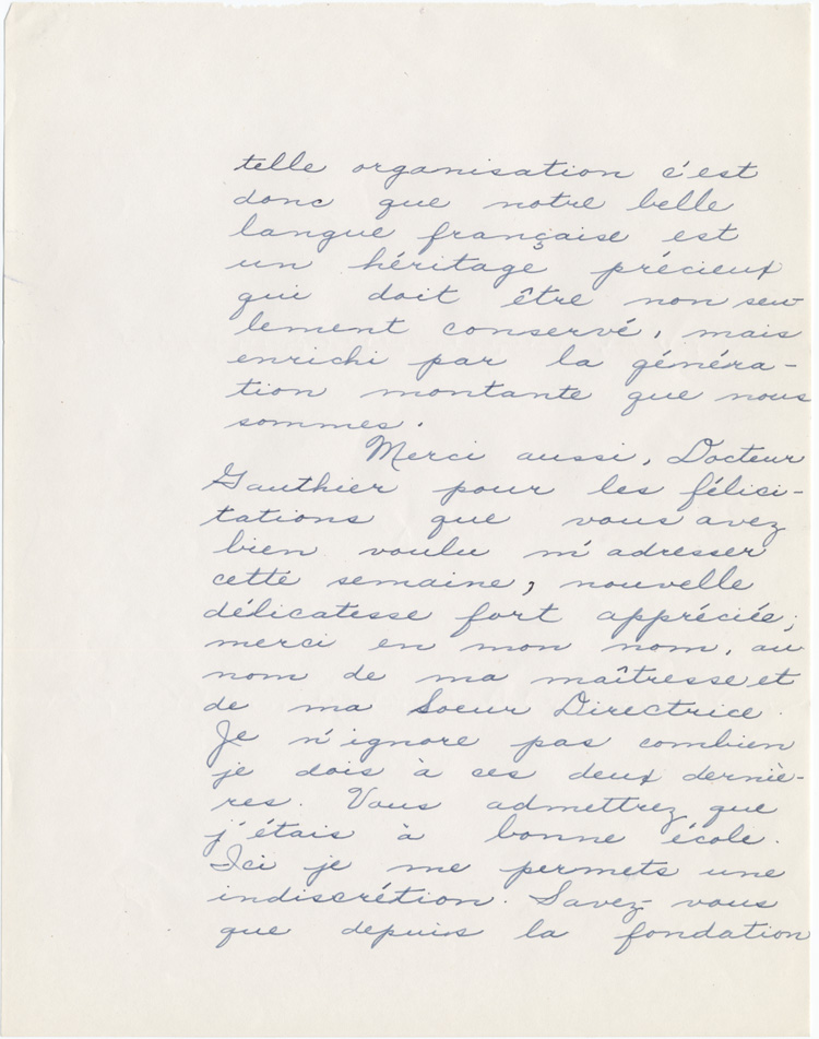 Reproduction de la troisi&egrave;me page d’une lettre de Marguerite Patry, laur&eacute;ate du concours provincial de fran&ccedil;ais de l’Ontario en 1949, &agrave; Robert Gauthier, directeur de l’enseignement fran&ccedil;ais, minist&egrave;re de l’&Eacute;ducation de l’Ontario, 29 avril 1949.